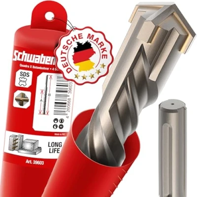 Imagen de SCHWABENBACH ® SDS Max broca para hormigón, perforación precisa y rápida, punta de carburo tungsteno, larga piedra. No se engancha en las barras refuerzo, 25 x 880 1000 mm