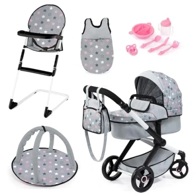 Imagen de Bayer Design 17007AB Cochecito de muñeca XEO, Convertible, Regulable en Altura, Trona para muñeco bebé, Bolsa, Saco Dormir, Gimnasio Actividades, Accesorios