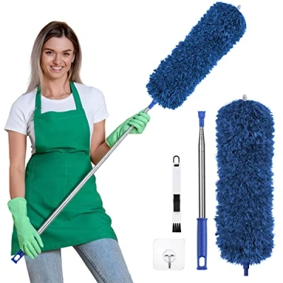 Imagen de Vicloon Plumero de Limpieza, Microfibra con 2 en 1 Ranuras Cepillo Extensible Ajustable Lavable 245cm Barra Telescópica para Ventanas Persianas Muebles Coches Azul Oscuro