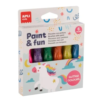 Imagen de APLI Kids 19912 Temperas en tubo con pincel, pinceles pintura acabado purpurina, 6 de 13ml, juego lavable para niños
