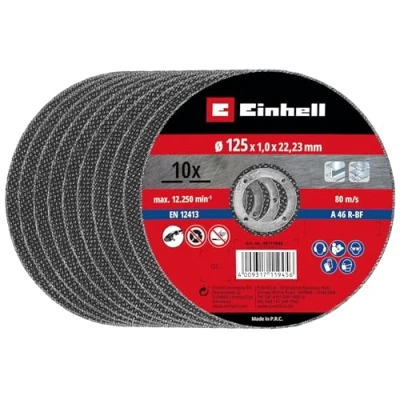 Imagen de Einhell Juego de discos corte finos, 125 x 1,0 mm (accesorios para amoladora angular, 10 piezas, diámetro 22,23 mm, máx. 12250 min 1, extrafino poca pérdida material)