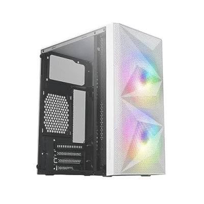 Imagen de Mars Gaming MC ME Blanco, Caja Compacta MicroATX, Ventana Lateral Completa Cristal Templado, Diseño Frontal Total Mesh Geométrico, 2X Ventiladores FRGB 120mm