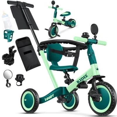 Imagen de KIDIZ® 6en1 Bicicleta de Balance, Triciclo para niños 1 año a 5 Años, Capacidad Carga hasta 25kg, Incl. Manillar/Barra Seguridad/Cinturón Seguridad/Timbre/Espejo, Verde