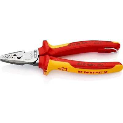 Imagen de Knipex Alicate para crimpar punteras huecas Aislado con fundas multicomponente, homologado por VDE; anilla de fijación aislada e integrada colocar una protección anticaída 180 mm 97 78 T