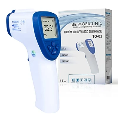 Imagen de Mobiclinic, termómetro digital infrarrojos sin contacto TO 01, de frente, para adultos, niños y objetos, Marcado CE, Pantalla LCD, Alarma fiebre, Función Memoria