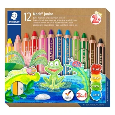 Imagen de STAEDTLER Noris Junior 140 C12 lápiz de color extra grueso 3 en 1: color, cera y acuarelable. Estuche con 12 lápices colores surtidos + afilalápices