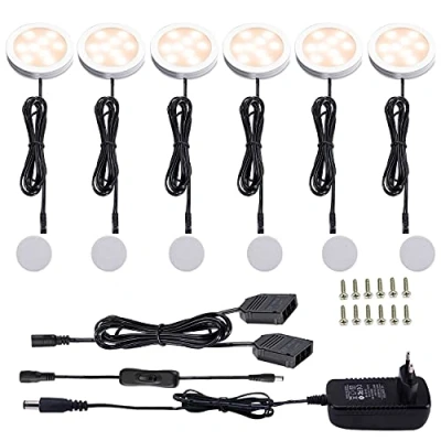 Imagen de AIBOO LED Lámpara Debajo del Gabinete para Cocina, Iluminación Empotrada Ultradelgada Redonda Armario, Mostrador, Estante, 6paquetes de luces escaparate 12V 12W(Blanco Caliente2700K)