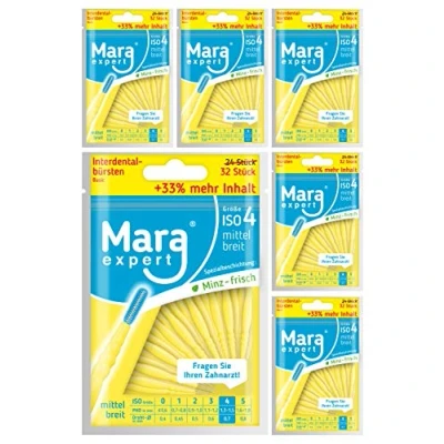 Imagen de Mara Expert cepillos interdentales (0,7 mm, ISO 4 de ancho medio, 6 x 32 amarillos, ideal para espacios interdentales, con sabor a menta