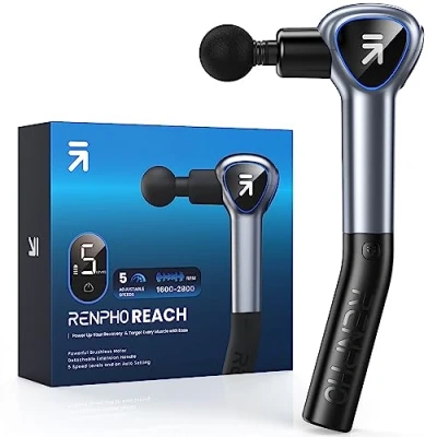 Imagen de Pistola de Masaje Muscular con Mango Extensible Desmontable, RENPHO Reach Masajeadora, Massage Gun Profesional with LED Screen para Relajación, Gris