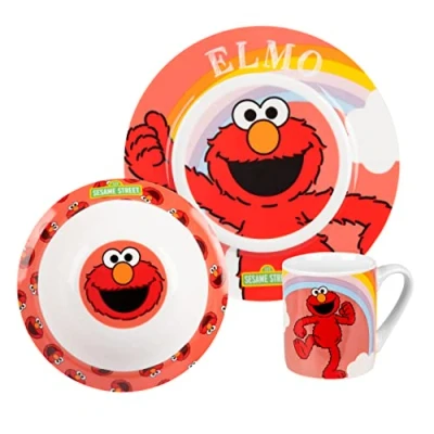Imagen de United Labels Elmo Juego de desayuno infantil con Elmo, vajilla porcelana, 3 piezas, plato, cuenco y taza, apto para lavavajillas microondas