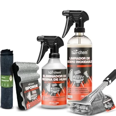Imagen de bio chem Profi Set 5 Productos Limpiador de Resina para Barbacoa, Parrilla, Horno, Plancha Acero Inoxidable Quitamanchas y Quemaduras Paño Microfibra, Cepillo Esponja