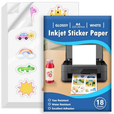 Imagen de Euqvunn 18 Hojas Papel Pegatina para Imprimir A4, Vinilo Imprimible Adhesivo Blanco Lucido Impermeable, de Página Completa Impresoras Inyección Tinta, Secado Rápido, 210x297mm