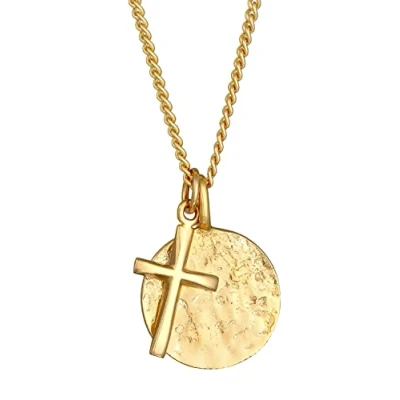 Imagen de Kuzzoi Collar de plata para hombre con colgante moneda, redondo (15 mm) y cruz (10 mm), cadena en ley 925, plaquetas estructuradas