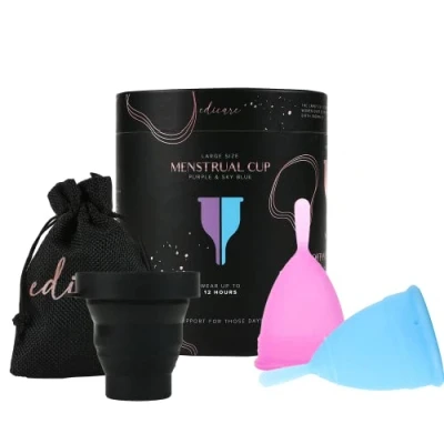 Imagen de Edicare, Copa Menstrual, Incluye dos Copas, 1 Esterilizador y una Bolsa de Transporte, Silicona Grado Médico, Suave, Reutilizable Lavable 100% Seguro (L Special Edition)