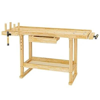 Imagen de Banco de trabajo 145x49x86cm madera (Rubberwood) con estante y pinzas sujeción para talleres