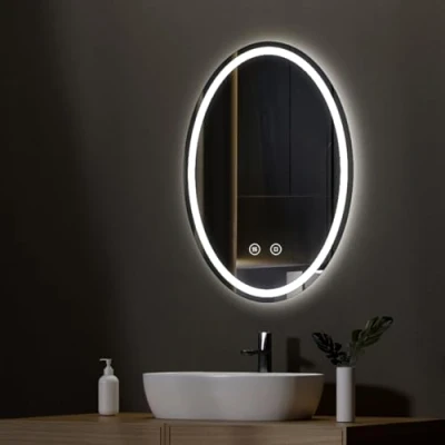 Imagen de EMKE Espejo LED de baño 60 x 80 cm, Ovalado con 3 Colores luz Ajustables, antivaho, función Memoria, táctil IP44. iluminación Horizontal/Vertical