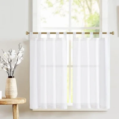 Imagen de TOPICK Visillo de lino con trabillas, cortina bistró, semitransparente, corta, ventana, para cocina, salón, casa campo, juego 2 unidades, 65 x 90 cm, color blanco