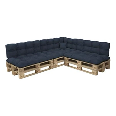 Imagen de POKAR Juego de Cojines aconchadas 8 Piezas para Europalés: 3X Asiento 120x80cm +3X Respaldo 120x40cm + 1x 60x40cm Lateral cojín Decorativo 40x40cm, sofá paletas, sin palés, Azul Marino