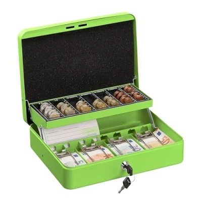 Imagen de Relaxdays Caja Dinero con Llave, Bandeja Monedas y 4 Espacios Billetes, Cajita Hierro, 8,5x30,5x24,5 cm, Verde, Acero