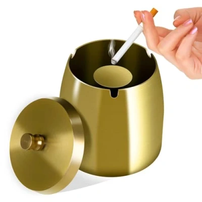 Imagen de Litimkat Cenicero, Cenicero para Exteriores, con Tapa, Base Antideslizante de Acero Inoxidable, Adecuado el hogar, Oficina, Escritorio, Patio, balcón al Aire Libre (Dorado)