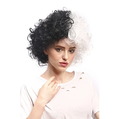 Imagen de WIG ME UP 91344 P103 P68 Peluca Mujeres Carnaval Halloween Rizado Afro fregona voluminosos, Mitad Blanco y Negro Bicolor, Frankenstein