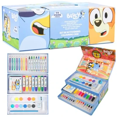 Imagen de Bluey Maletin Pinturas para Niños, Más de 140 Piezas Arte Viaje o Escuela (Azul 3 Tier)