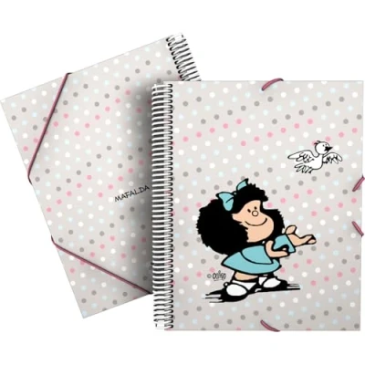 Imagen de Grafoplas Carpeta de 30 Fundas Transparentes A4, Tapas Flexibles, Espiral PVC, Mafalda Bird, Maxiplás, Polipropileno, Perfecto para Organizar tu Material Escolar y Archivar Documentos