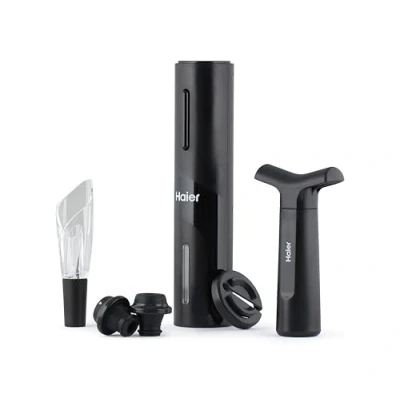 Imagen de Set accesorios de vino Haier HAWUKIT06 , Abridor eléctrico, Aireador y vertedor, Tapón vacío, Cortador láminas, Negro