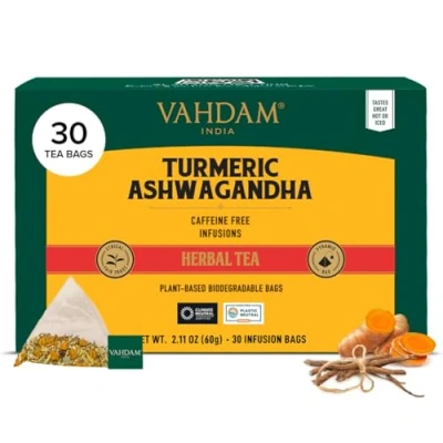 Imagen de VAHDAM, Turmeric Ashwagandha Tisana (30 Piramidales Bolsitas De Té) Libre Cafeína Cúrcuma Y Especias Frescas, 100% Pura Natural Caliente, Frío O Como Kombucha