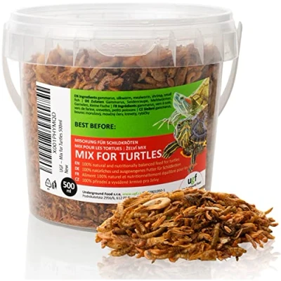 Imagen de UGF Universal Turtle Food Mix, Cubo de 500 mililitros ≈ 90g, alimento balanceado para Tortugas, gammarus, Gusanos Seda, la harina, camarones y Pescado seco, Tortugas