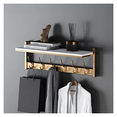 Imagen de MNOIINM Perchero para pared, perchero, ganchos de pared con estante, colgador colgar abrigos, tu entrada, cocina, dormitorio (color: dorado y blanco, tamaño: 6 ganchos)