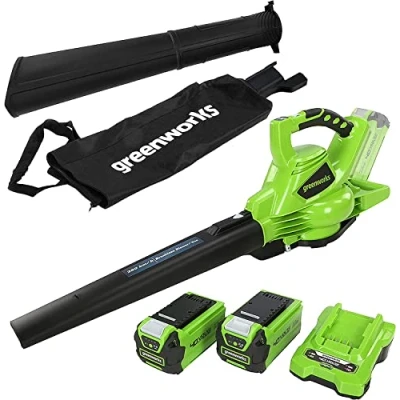 Imagen de Greenworks GD40BVK2X Soplador Aspirador de Hojas a Batería con Motor sin Escobillas, 280 km/h, 9,63 m3/min, Bolsa Recogedora 45L, Dos las Baterías 40V 2Ah y Cargador, Garantía 3 Años