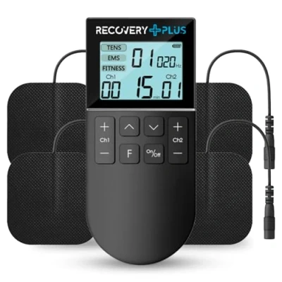 Imagen de RECOVERY PLUS Electroestimulador Muscular Digital de 50 Modos, EMS/TENS/FITNESS, Estimulador Portátil 3 en 1 con 4 Almohadillas TENS.
