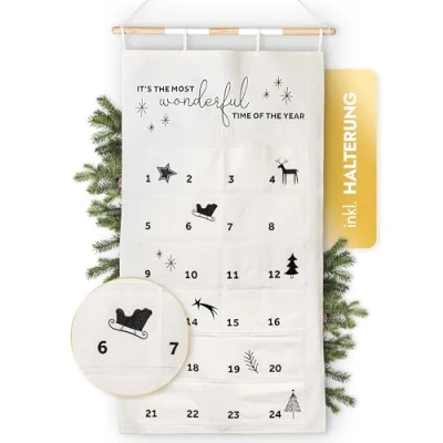 Imagen de AMARI ® Calendario de Adviento para rellenar con tela 24 Bolsas (con pinzas madera y cordón) hacer en Navidad Bolsa números