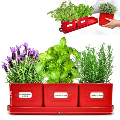 Imagen de Green Thumbz Macetas Decorativas Interior con Macetero Rectangular Mangos de Cuero y Jardinera Ideales para Plantas Color Rojo