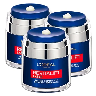 Imagen de L&#039;Oréal Paris Revitalift Laser Crema de noche antiarrugas que corrige el tono la piel luminosa con retinol y niacinamida, dosificador a presión, 3 botes 50 ml
