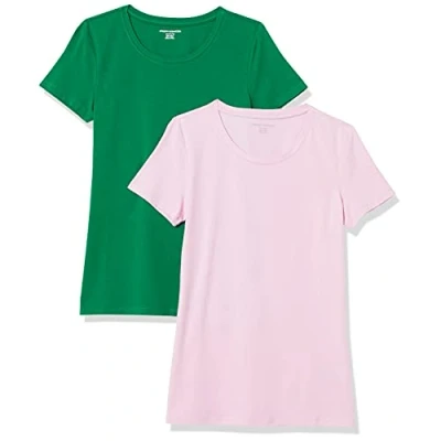 Imagen de Amazon Essentials Camiseta de Cuello Caja Manga Corta y Ajuste Clásico Mujer, Pack 2, Rosa Claro/Verde, L