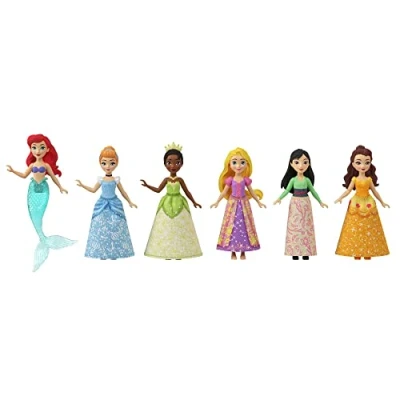 Imagen de Mattel Disney Princess Minis Pack 6 mini muñecas princesas con set de tazas y tetera, incluye a Tiana, Cenicienta, Mulán, Bella, Rapunzel Ariel sirena, juguete +3 años (JCR91)