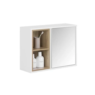 Imagen de SoBuy Armario de Pared para Baño con Espejo Almacenamiento 1 Puerta y 2 Compartimentos Abiertos Blanco 60 x 20 45 cm BZR149 W ES