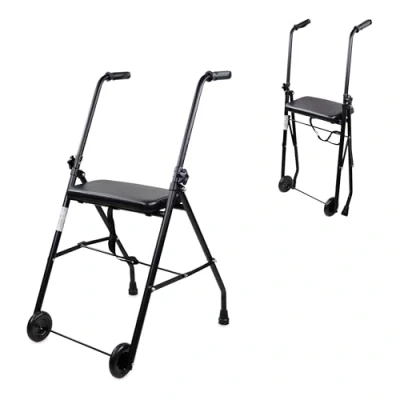 Imagen de Mobiclinic®, Andador Plegable, Ajustable, Empuñaduras Ergonómicas, Conteras Antideslizantes, con Asiento y 2 Ruedas, Ligero, Resistente, Acero, Emérita, Negro