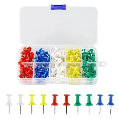 Imagen de 120 chinchetas multicolores, de dibujo, alfileres mapa, tachuelas cabeza plástico, pines puntos acero, con caja almacenamiento, para tablero anuncios corcho,