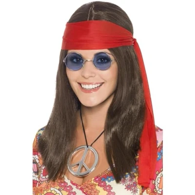 Imagen de Smiffys Kit de chica hippy, con peluca larga marrón, gafas, medallón símbolo la paz y rojo banda para el pelo