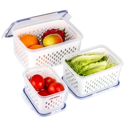 Imagen de BELLE VOUS Set de Contenedores Almacenaje 3x Organizador Transparente Apilable con Cesta Drenaje Organizadores para Nevera Frigorifico Apto Lavavajillas y Microondas