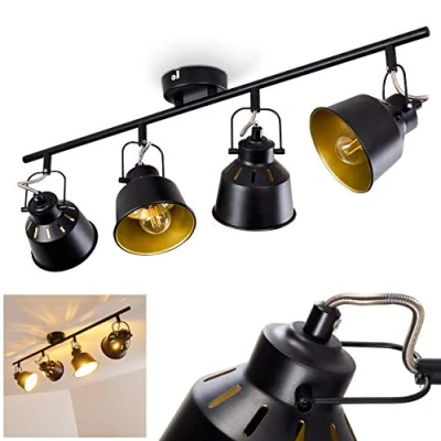 Imagen de lámpara de techo Safari, metálica en negro/oro, 4 luces, con focos ajustables, x casquillo E14, spot diseño retro/vintage, sin bombilla(s)