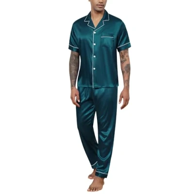Imagen de Reliwel Conjunto de Pijama Satén para Hombre Corto con Botones Invierno Manga Corta y Pantalones Largos Otoño Seda Ropa Descanso Conjuntos 2 Piezas S XXL