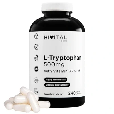 Imagen de L Triptófano 500 mg. 240 cápsulas veganas para 8 meses de tratamiento. mg Triptofano puro con 16 Vitamina B3 (100% VRN) y 1,4 B6 VRN). Fabricado en España por HIVITAL