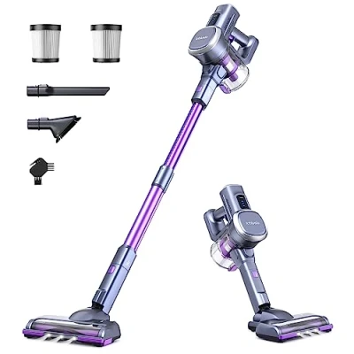 Imagen de Lubluelu Aspiradora sin Cable 25000pa, Aspirador Escoba Potente 220W Batería Extraíble 50min con Cepillo Antienredos y 2 Filtros, para Suelos Duros Pelo de Mascota Violeta