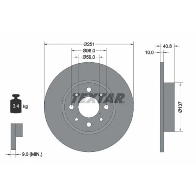 Imagen de TEXTAR PRO 92202303 Disco de freno 251 10 04/08 98 macizo revestido sin perno sujeción rueda, buje rueda ALFA ROMEO: MiTo