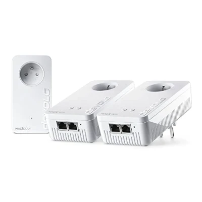 Imagen de devolo Kit multihabitación Magic 2 WiFi 6 (ax): 3 adaptadores PLC, enchufe Gigogne (2400 Mbits, malla, 5 puertos Gigabit Ethernet) ideal para teletrabajo y streaming, francés