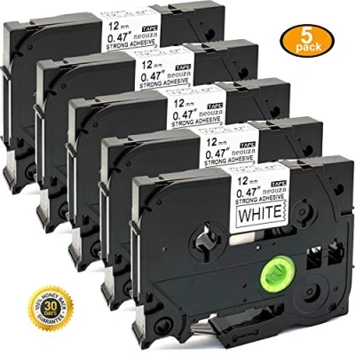 Imagen de Cartucho de cintas colores 12 mm x 8 m, compatible con Brother P Touch TZe y Tz, pack 5 unidades , color S231 Extra Stenth Black on White